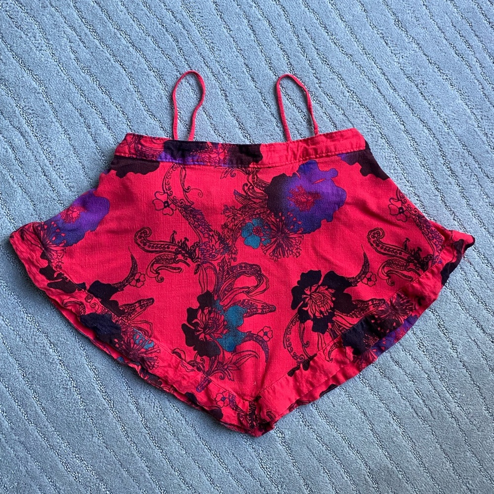 Free People Women’s Size S Red Floral Cropped Halter Top with Built-In Bralette